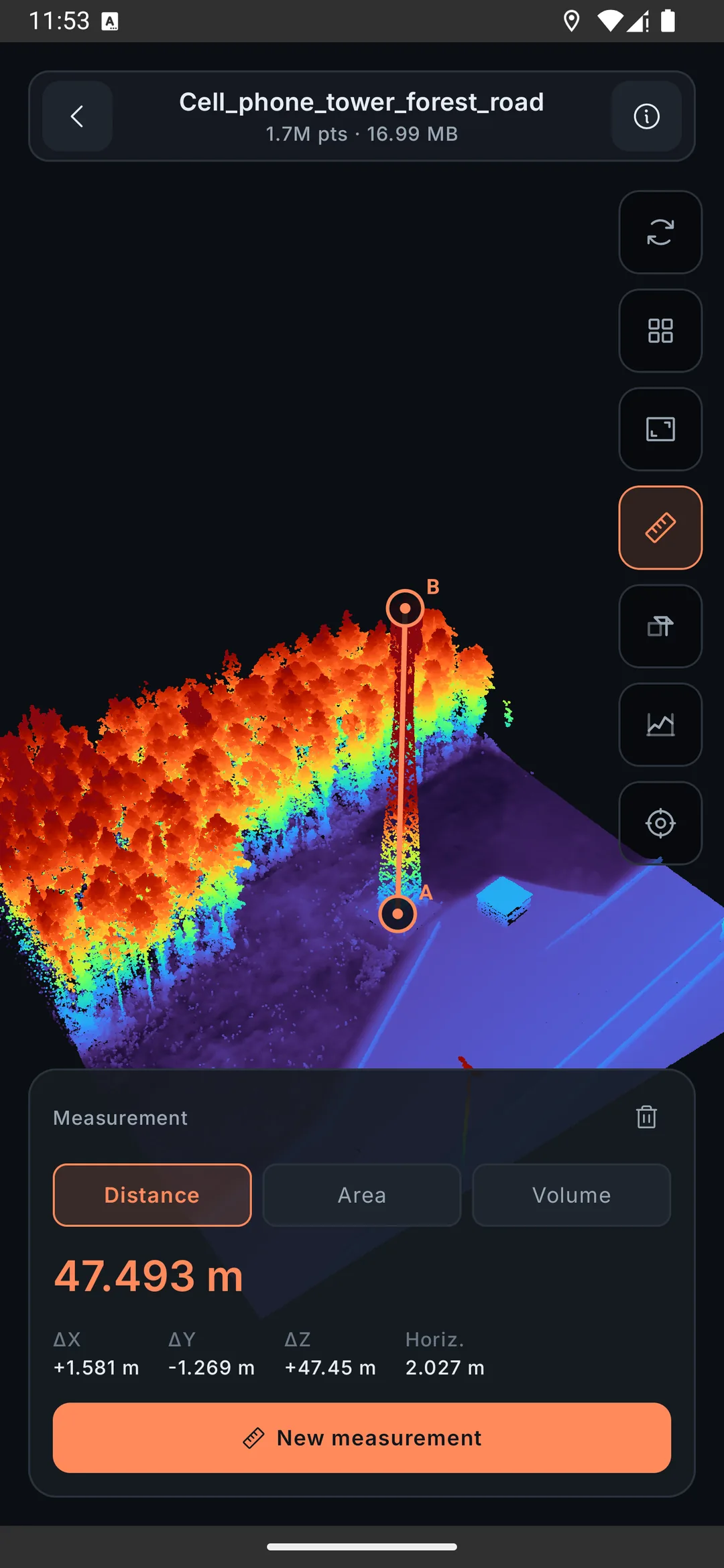 LasViewer interface on an Android phone