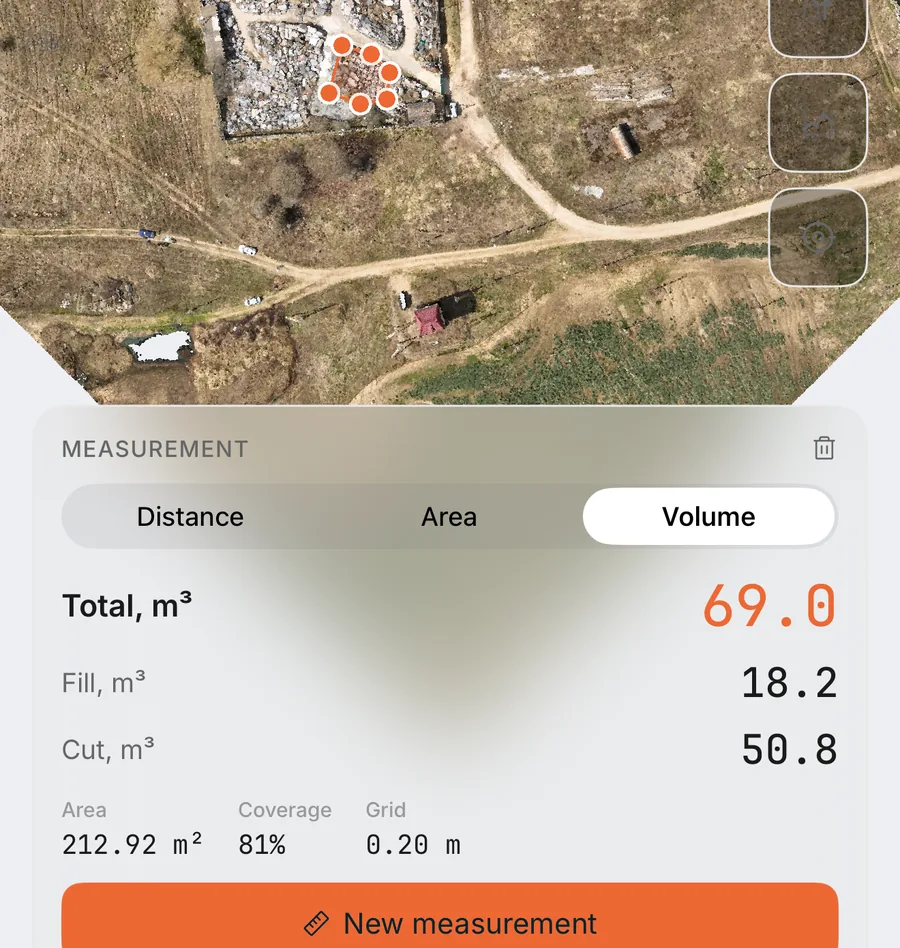 Объём выемки и насыпи, измеренный на iPhone
